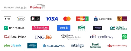 Płatności obsługuje Przelewy24: Apple Pay, Google Pay, BLIK, Visa, Mastercard i szybkie przelewy z polskich banków